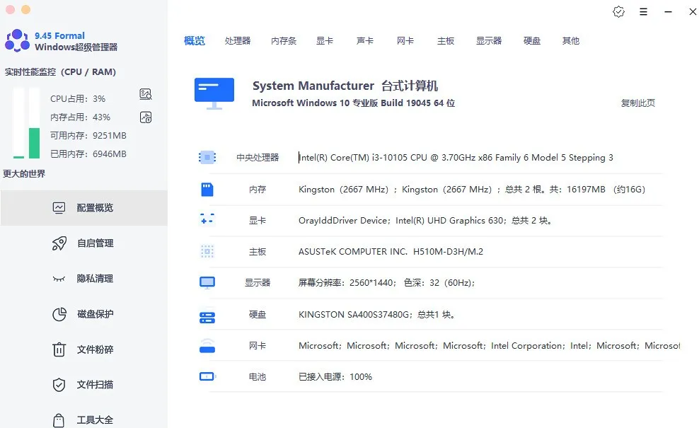 鲁大师平替软件Windows超级管理器 v9.45单文件版