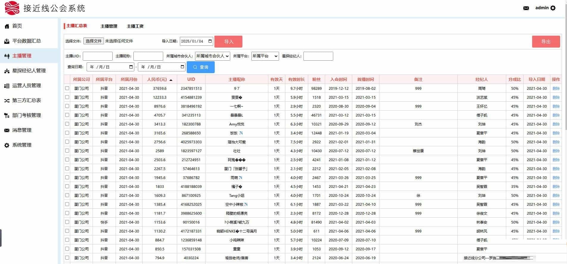 工会系统抖音快手等多平台主播分红分润系统星探经纪人城市合伙人多角色管理系统分红统计系统