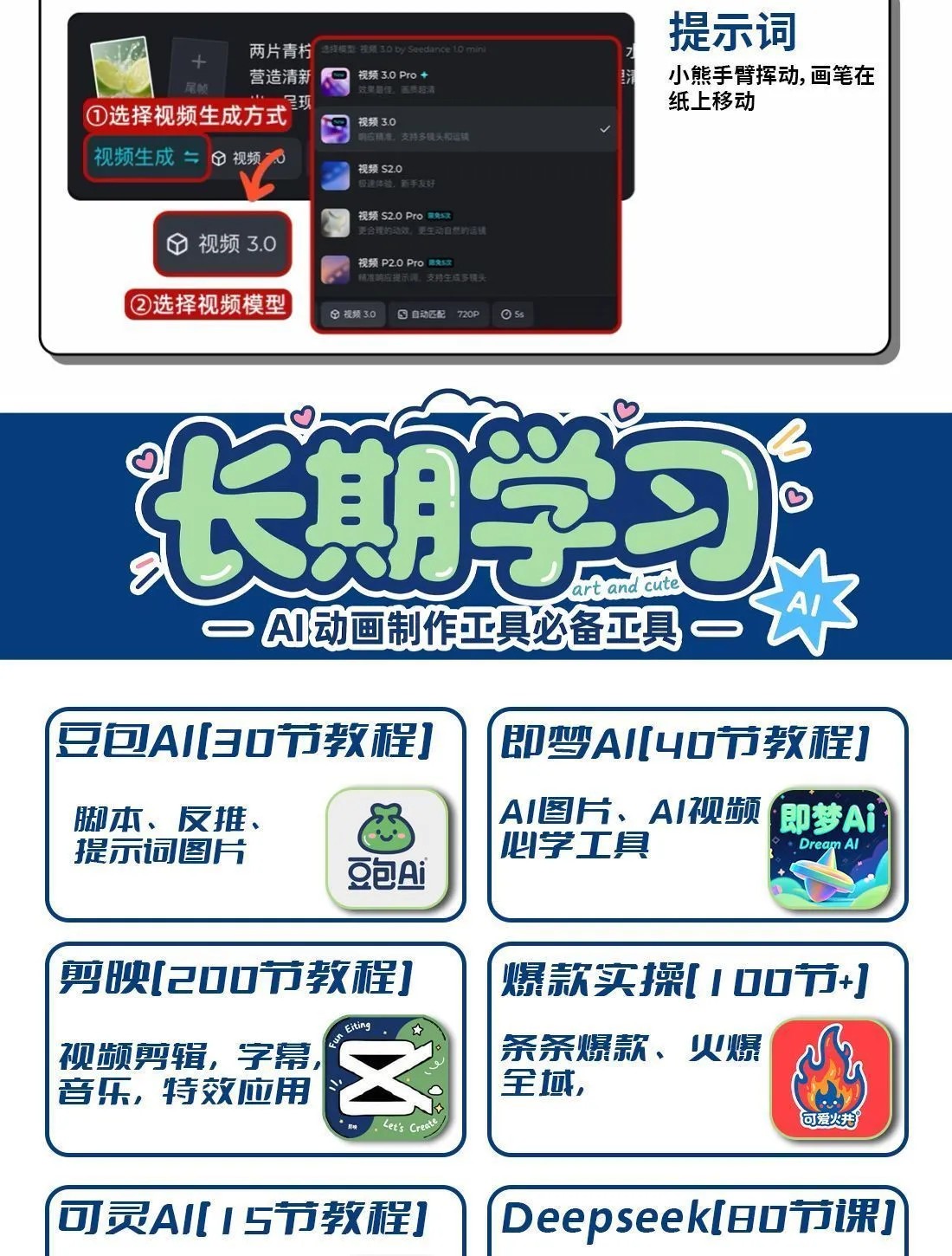 DeepSeek短视频制作教程提示词即梦AI可灵动画剪映豆包动画教程3d
